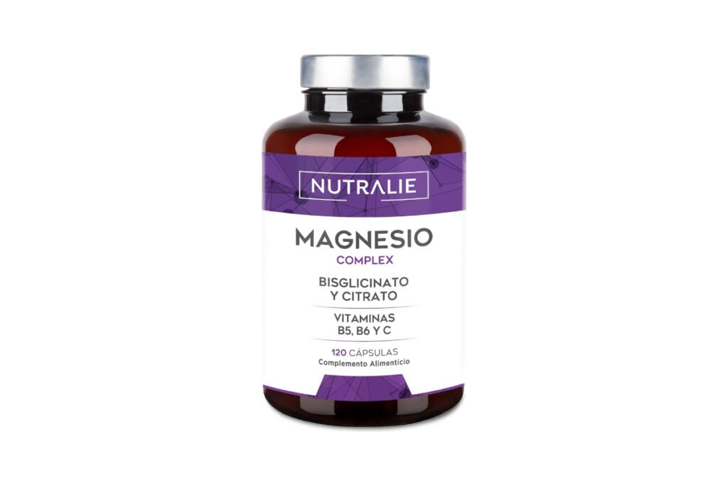 Frasco de Magnesio Complex Nutralie con bisglicinato y citrato, vitaminas B5, B6 y C