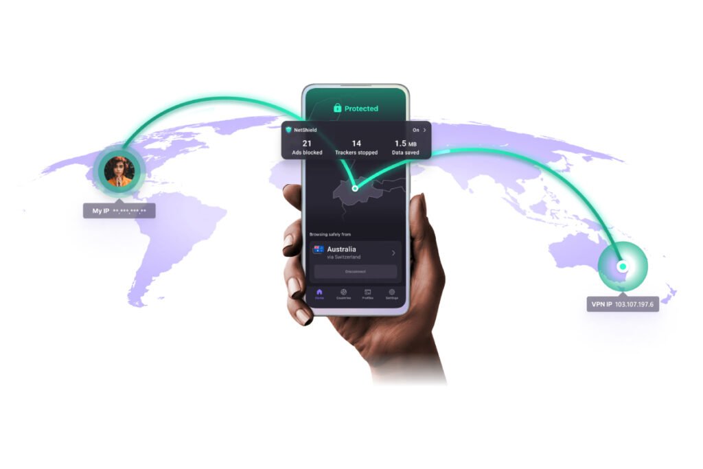 Proton VPN mostrando la interfaz móvil con conexión segura activa, ideal para una navegación privada y sin registros