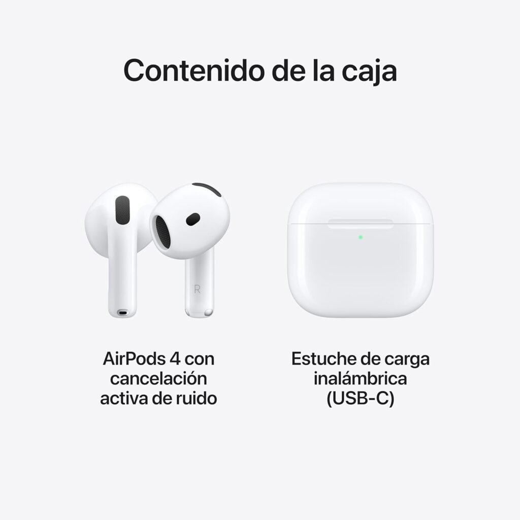 Contenido de la caja: AirPods 4 con cancelación de ruido y estuche de carga inalámbrica USB-C