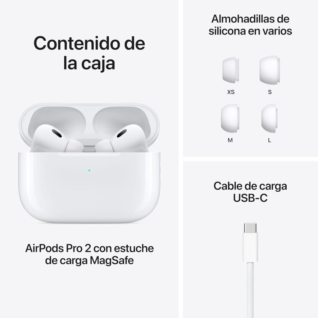 Contenido de la caja de los AirPods Pro 2: almohadillas de silicona, cable USB-C y estuche de carga