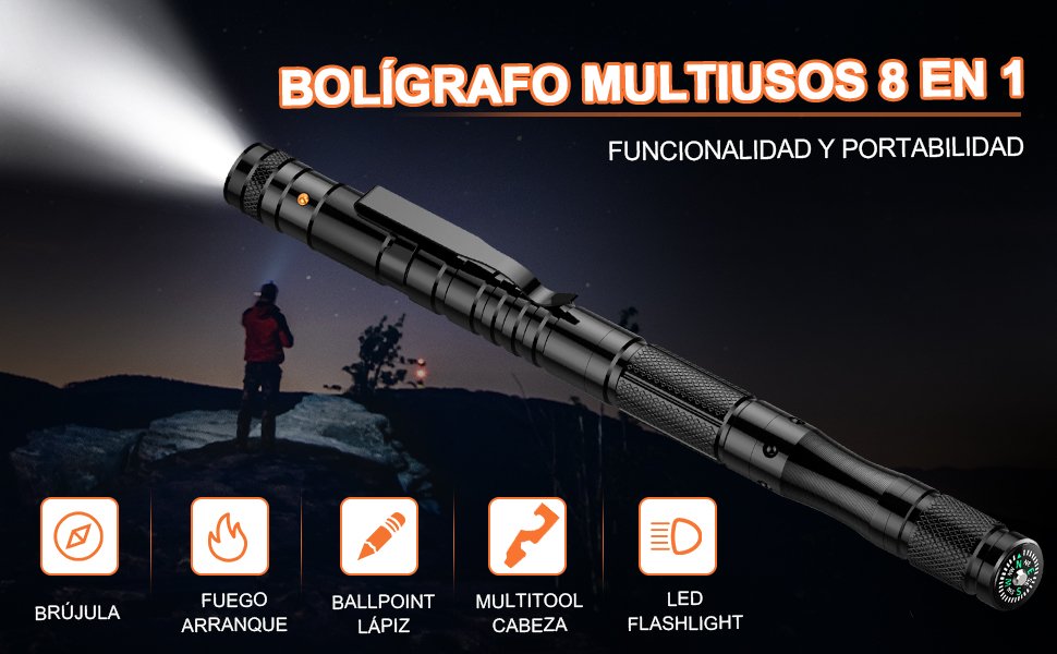 Bolígrafo multifunción BIIB iluminando en exteriores con linterna LED, junto a iconos de sus 8 funciones integradas.