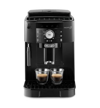 Cafetera superautomática DeLonghi Magnifica S ECAM11.112.B con dos tazas de café espresso servidas