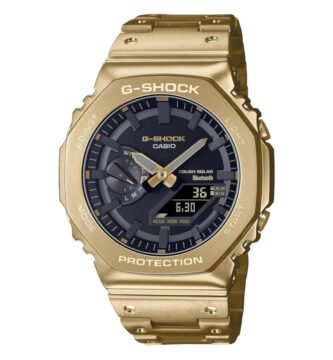 Reloj Casio G-Shock GM-B2100GD-9AER dorado visto desde el frente, con esfera analógica-digital y carcasa resistente.