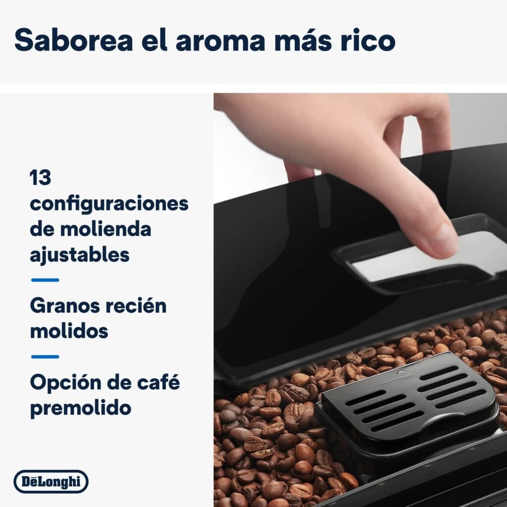 Depósito de café en grano de la DeLonghi Magnifica S con 13 niveles de molienda ajustables y opción de café premolido