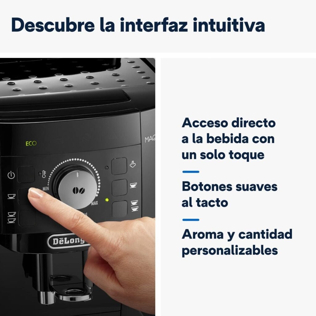 Panel de control intuitivo de la cafetera DeLonghi Magnifica S con selección de aroma y cantidad personalizable