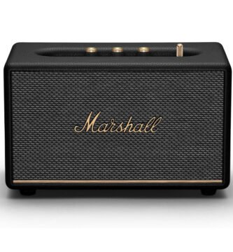 Vista frontal del altavoz Marshall Acton III en color negro con logo dorado y rejilla clásica estilo amplificador.