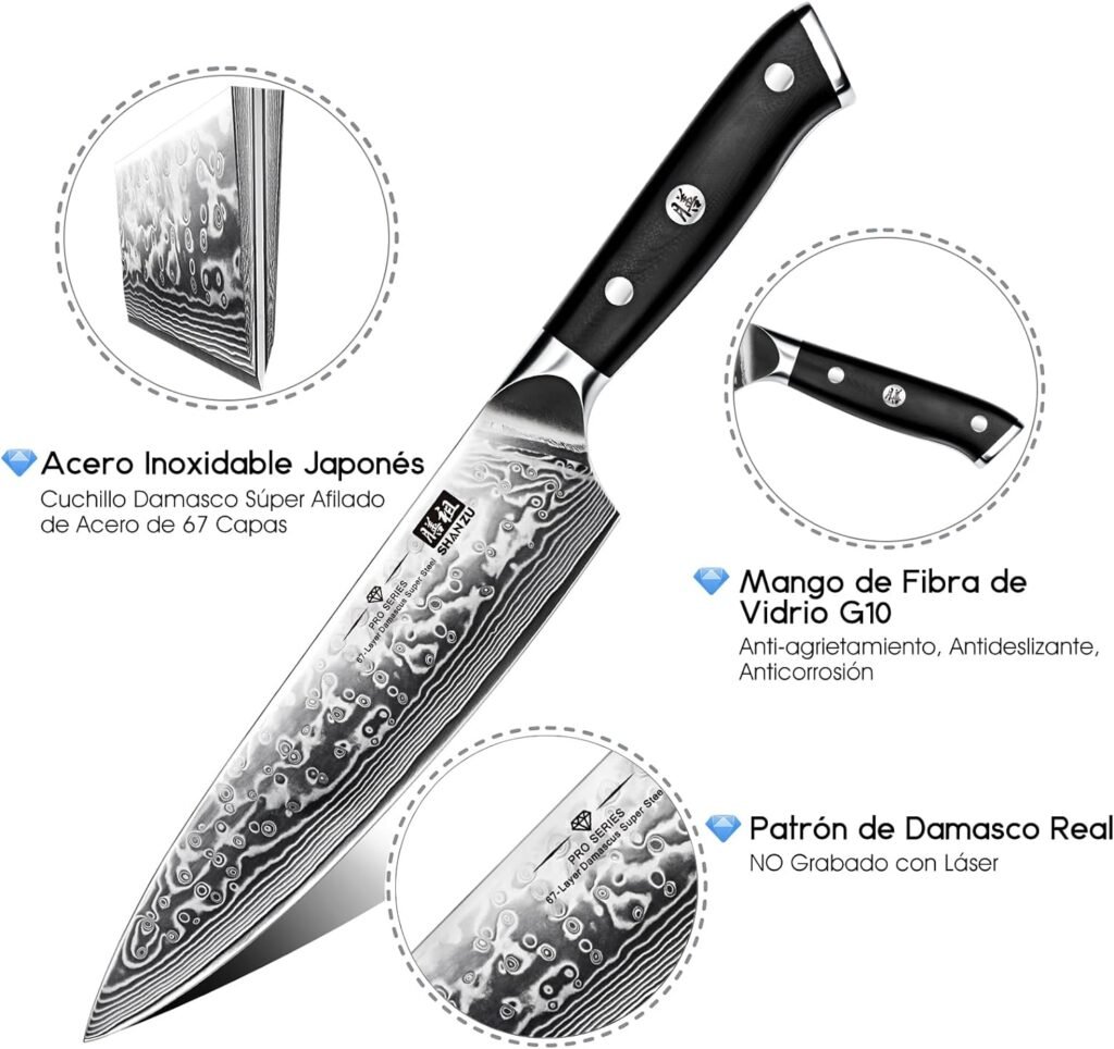 Detalle del cuchillo SHAN ZU con hoja de acero Damasco real, mango de fibra de vidrio G10 y afilado profesional