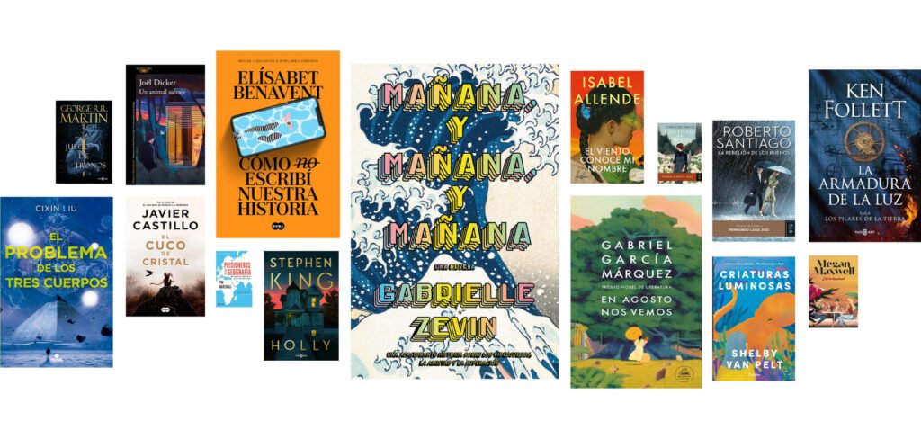 Montaje con portadas de libros populares disponibles en Kindle, como “Mañana y mañana y mañana”, “Juego de Tronos” y “La armadura de la luz”.