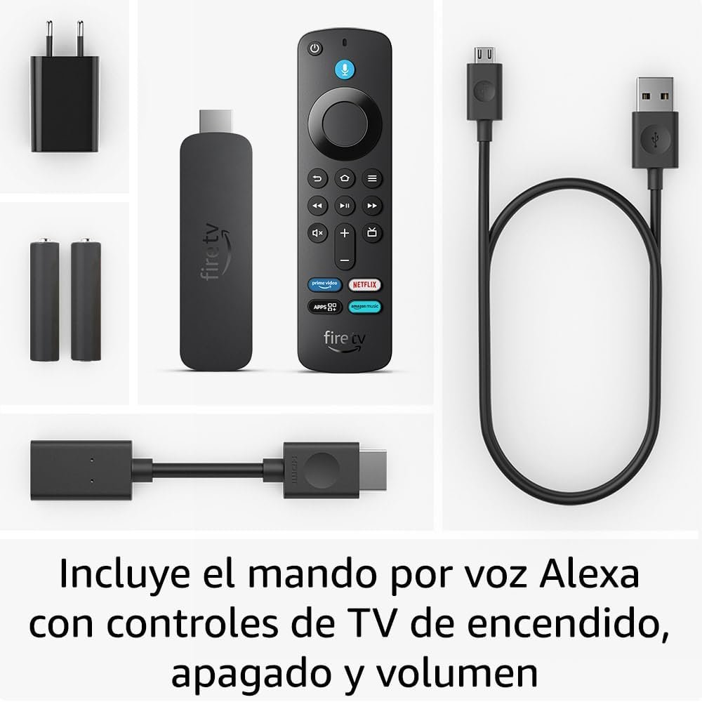 Contenido de la caja con mando Alexa, cable, adaptador y pilas incluidos