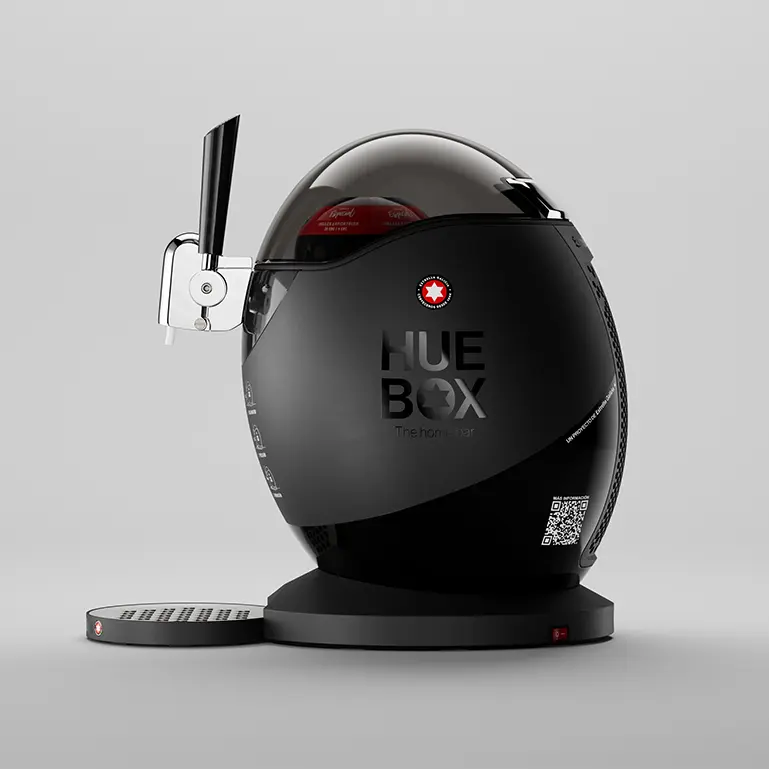 Perfil lateral del grifo Huebox mostrando su diseño moderno, el logo y parte del sistema de conexión.