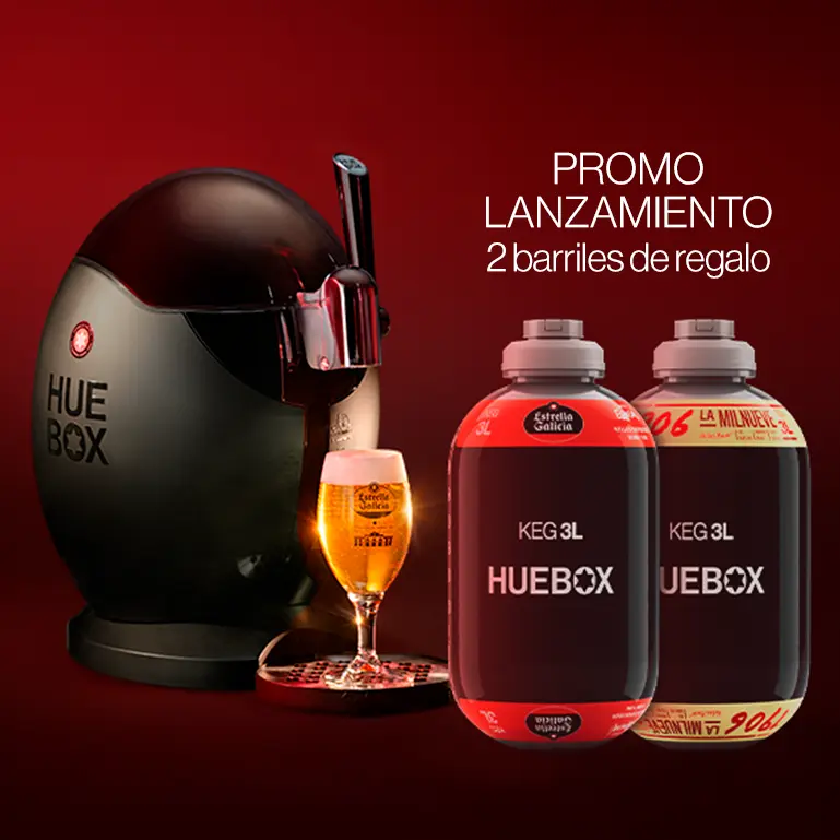 Promoción de lanzamiento de Huebox con dos barriles de 3 litros de cerveza Estrella Galicia incluidos.
