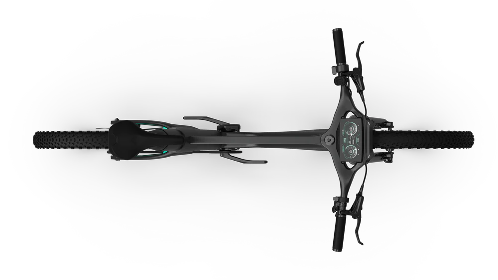 Vista cenital del manillar y cuadro de la bicicleta, con diseño aerodinámico