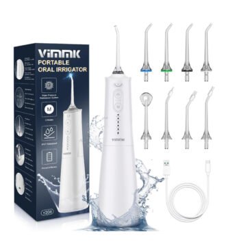 Irrigador bucal portátil Vimmk con caja original, cable USB-C y nueve boquillas intercambiables para limpieza dental profunda.